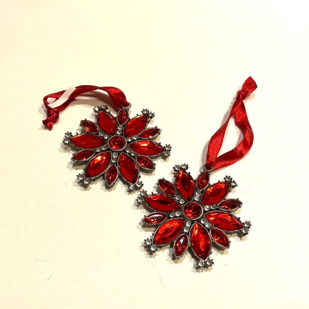 Pottery Barn Jeweled Snowflake Ornament - pair of 2 with red and clear jewels